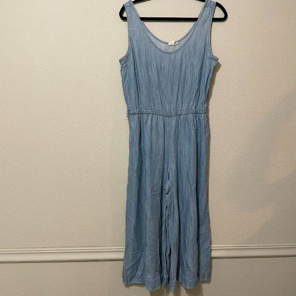 Blue Denim Sleeveless Wide Leg Cropped Chambray Jumpsuit One Piece Size M